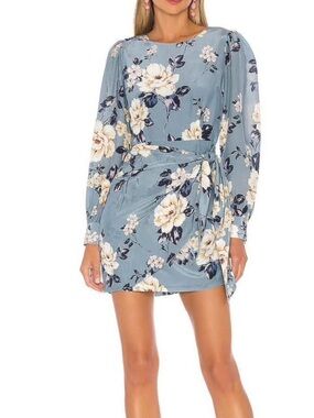Yumi Kim Dusty Blue Floral wonderland  Tie-Waist Mini Dress